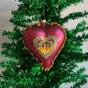 •Vintage Wire Wrapped Glass Heart Cherub Faces Ornament West Germany•